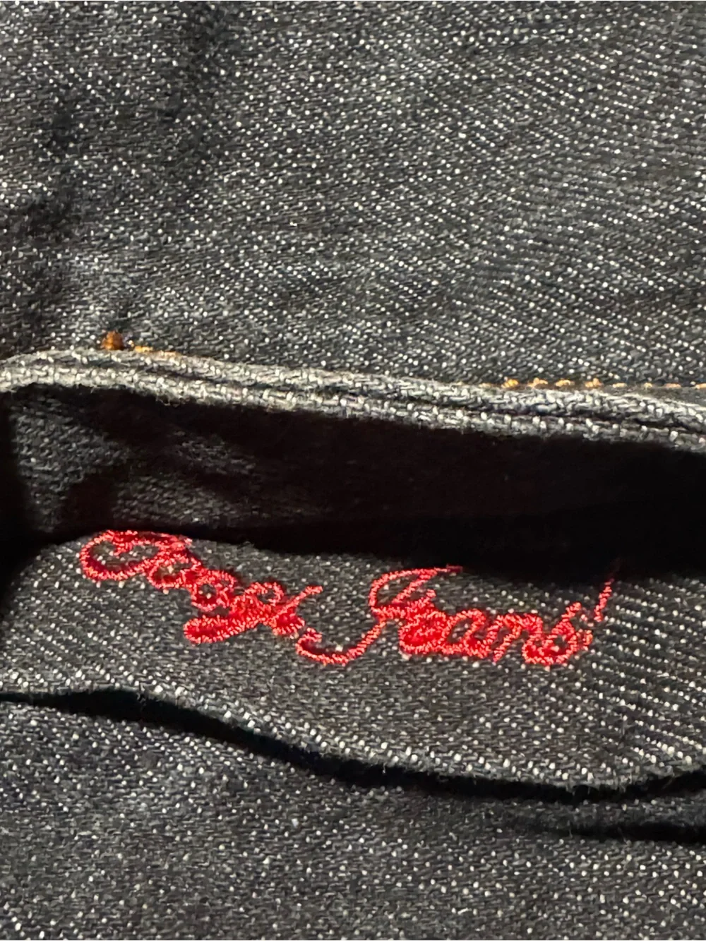 COOGI Black Denim Jeans with Red & Gold Embroidered Back 42x 16 1/2